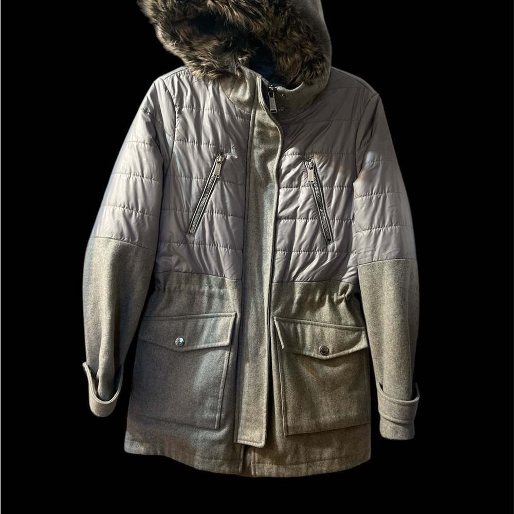 BCBG Stylish Gray Hooded Parka with Faux Fur Trim wool